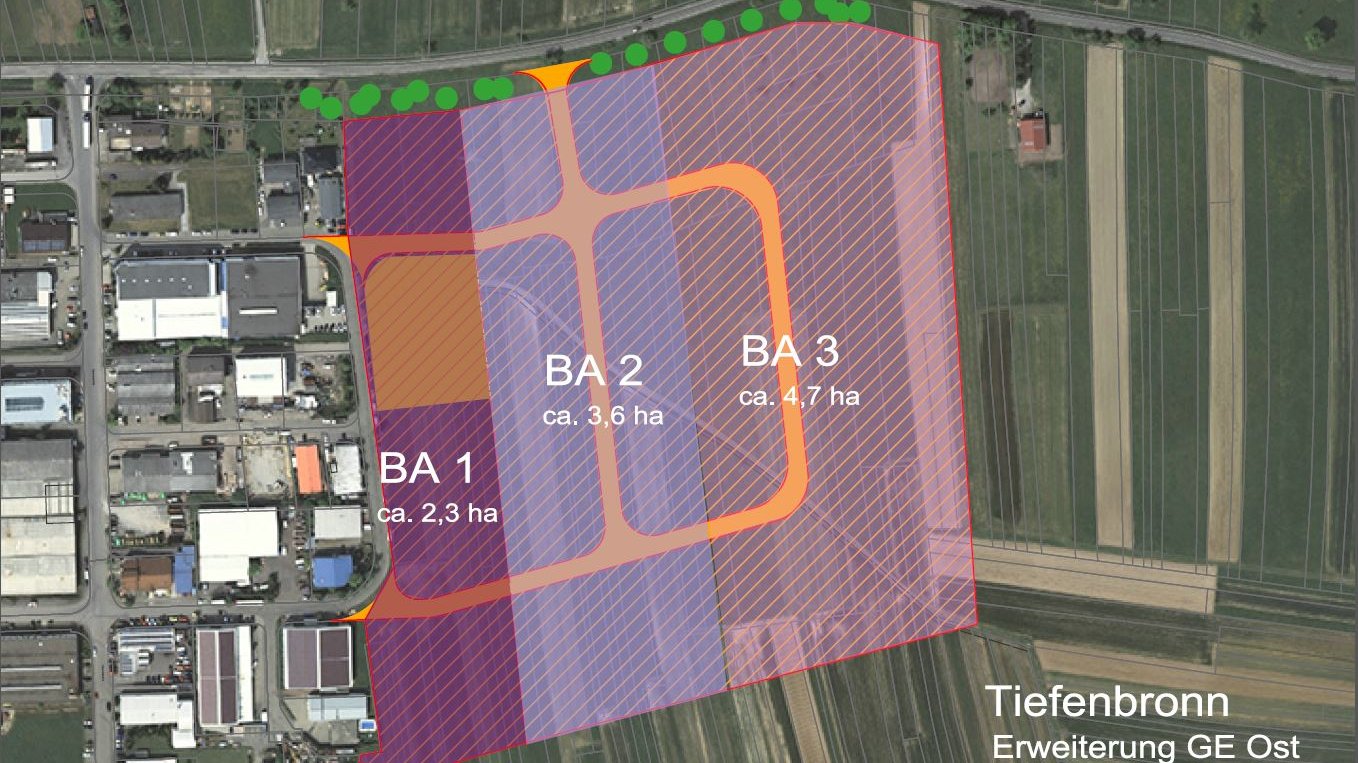 Luftbild der geplanten Erweiterung des Gewerbegebietes Tiefenbronn